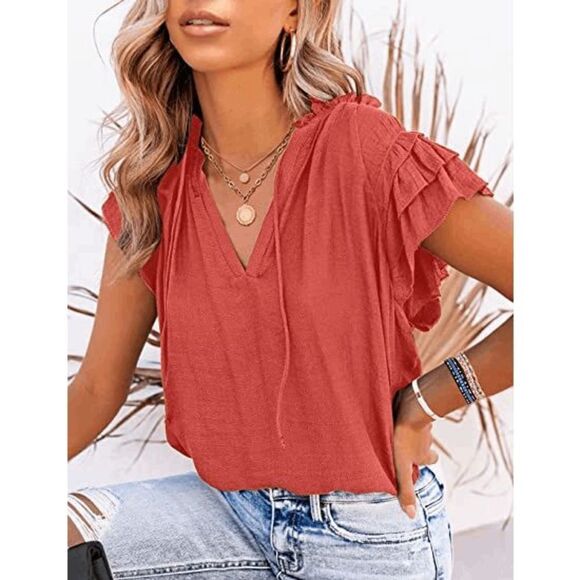 Women's Casual V Neck Tops Ruffle Flutter Shirt Cap Sleeve Blouse - Picture 3 of 5